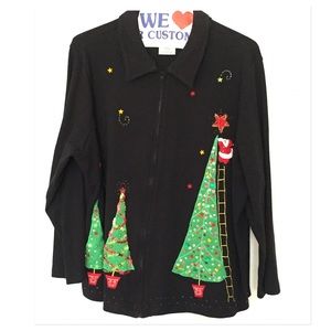 Holiday sweater with Santa and trees